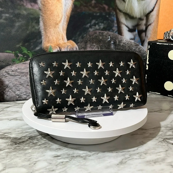 30. JIMMY CHOO Black Leather Zip Wallet With Chrome Star Studs. Missing charm. - Picture 1 of 14